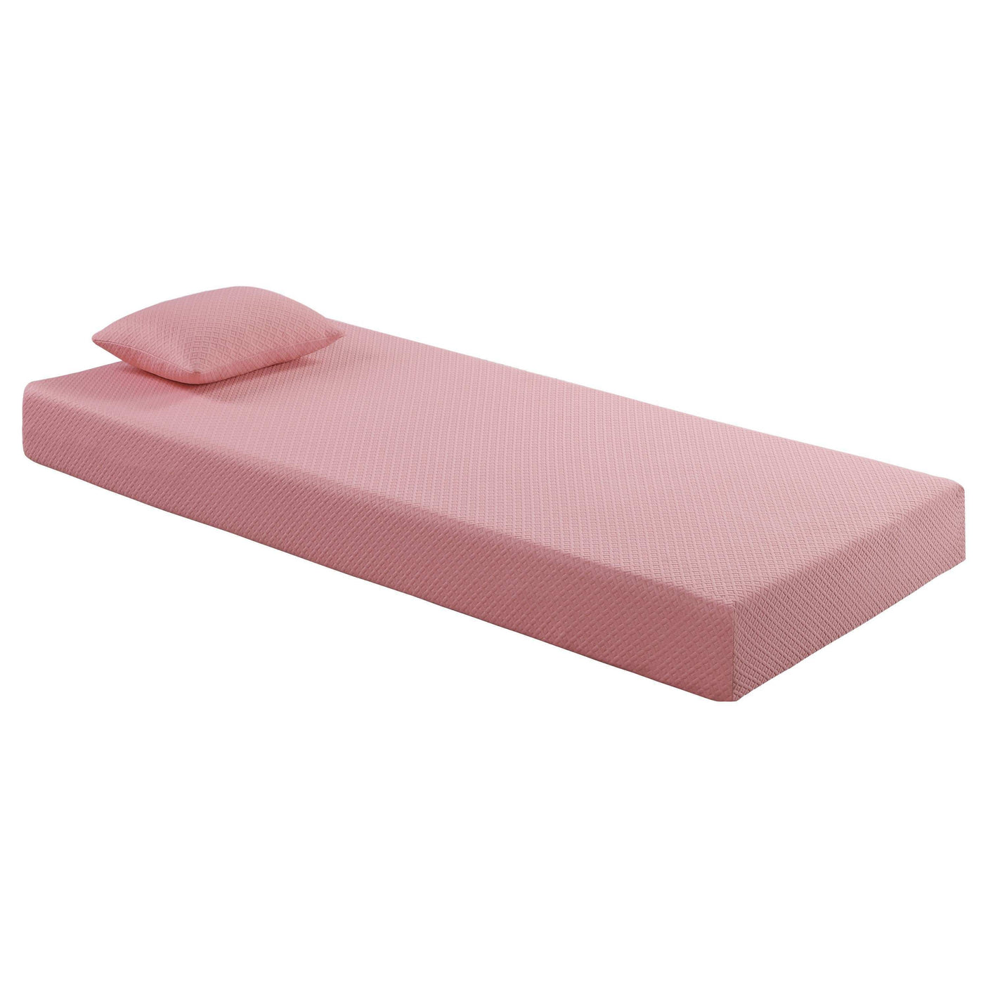 Single pink mattress with matching pillow and textured fabric on a white background
