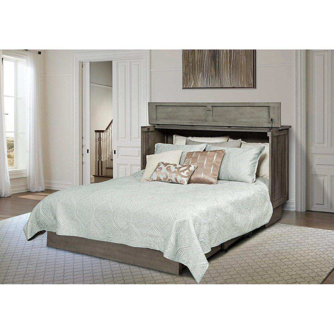 Charcoal queen cabinet bed in a bright, elegant bedroom with neutral decor and modern bedding
