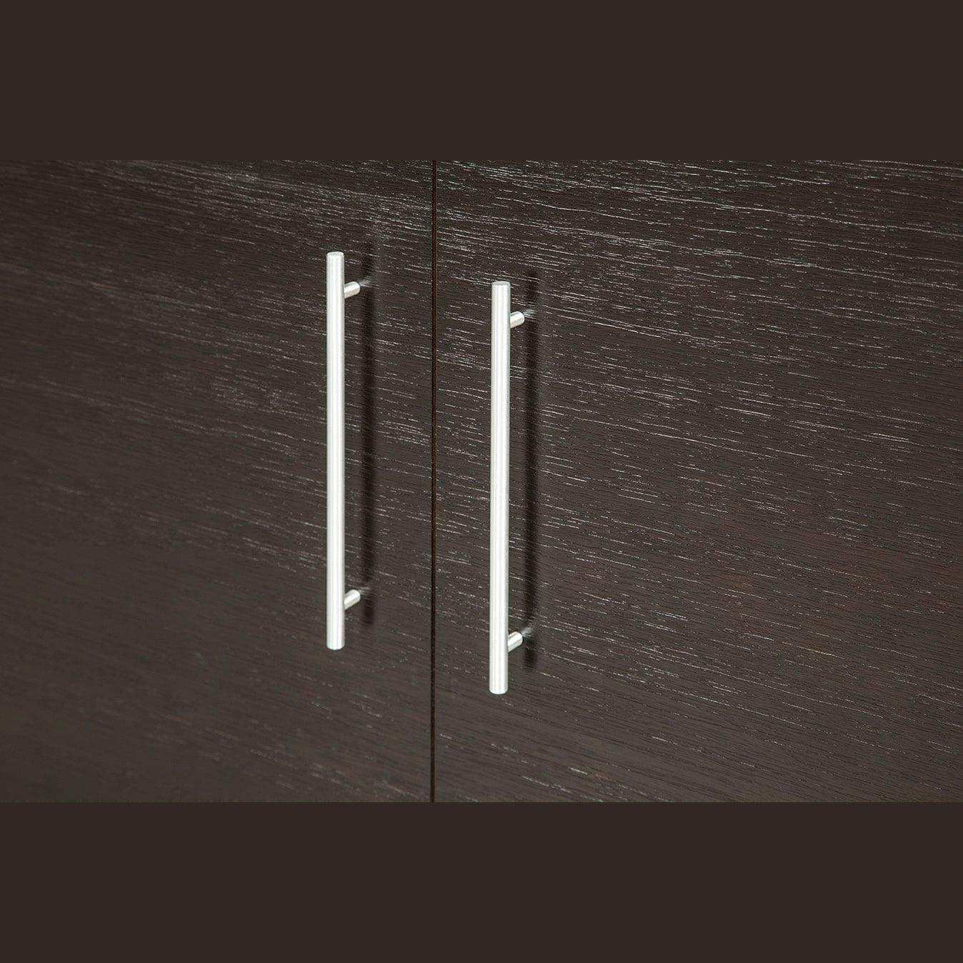 Close-up of Arason dark coffee cabinet bed handles, modern metal pulls on wood finish.