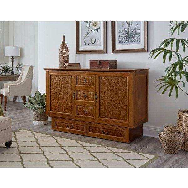Arason Kingston queen cabinet bed with wicker inlays in amber honey finish in living room