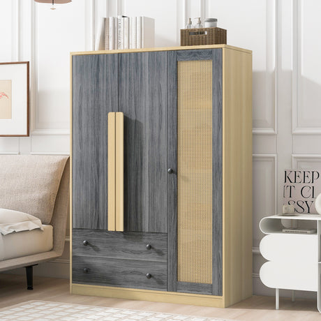 Wardrobe Storage, 3-Doors, 2-Drawers, Wooden Rattan Organizer