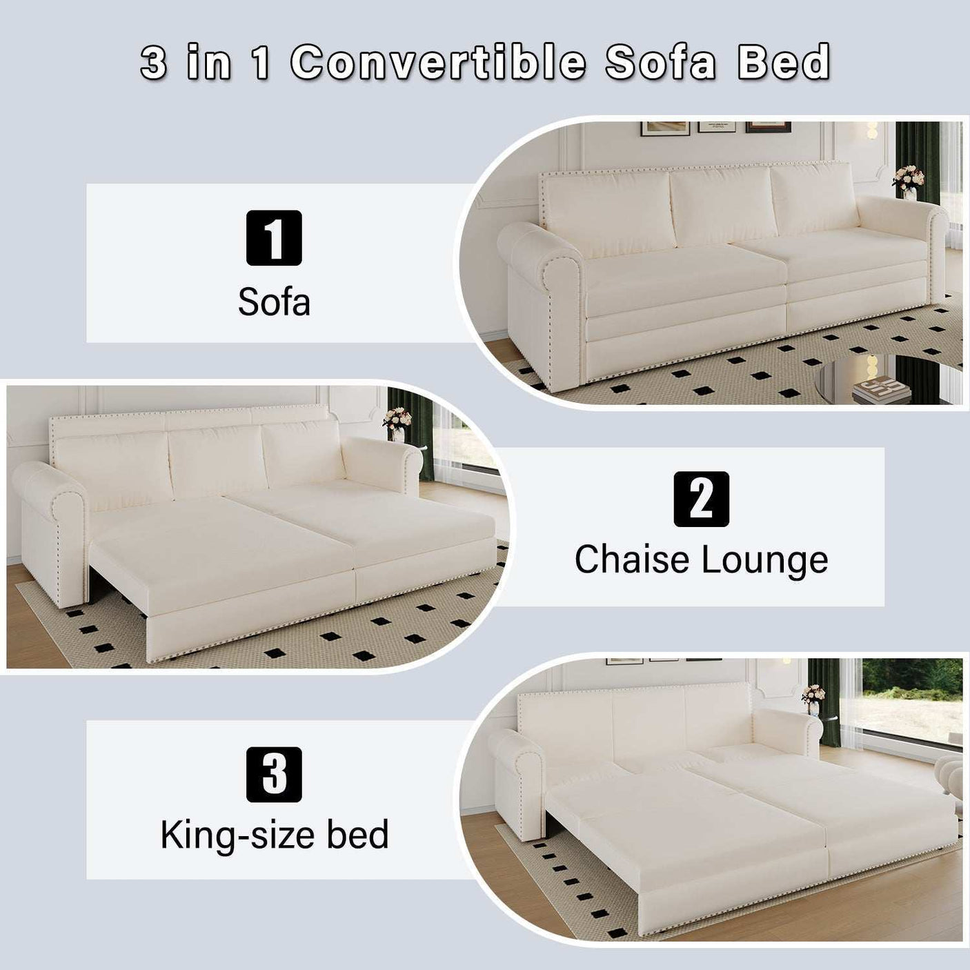 King Sleeper Sofa Bed 94", 3-in-1 Convertible in Velvet with Nailhead Trim
