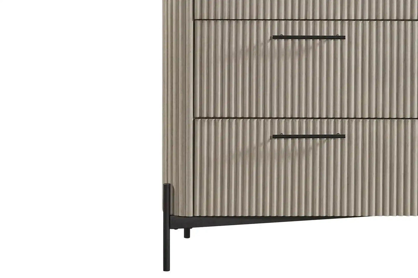 Modern wood dresser with ribbed texture, black metal handles and legs, close-up view