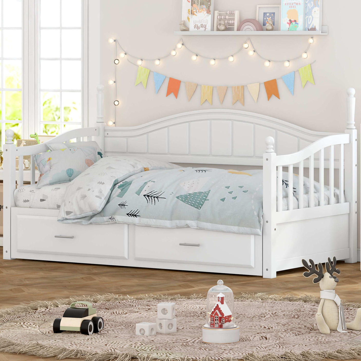 Twin Daybed, Extends to King Size, Trundle with Two Drawers, White