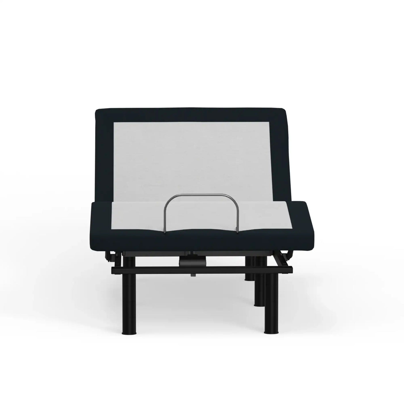 Adjustable bed frame with black legs and mattress retainer bar on white background