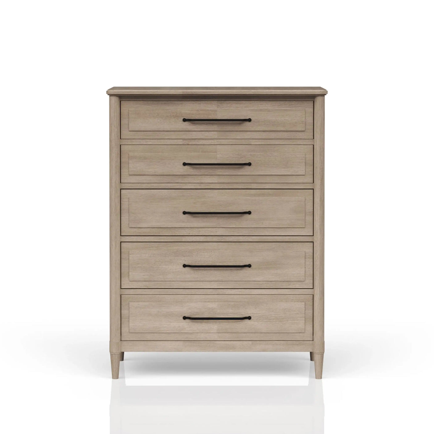 Light wood five-drawer dresser with black metal handles on white background