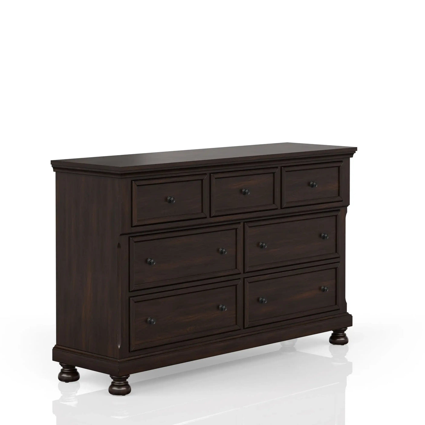 Dark wood dresser with seven drawers and round legs on white background