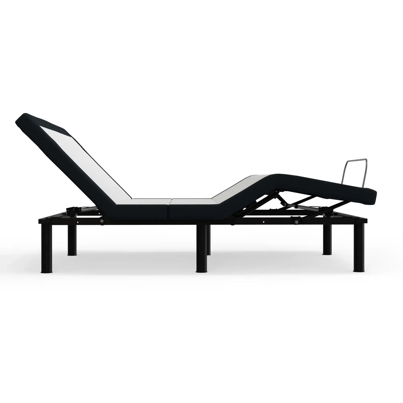 Adjustable bed frame with raised head and foot sections, black metal legs, white mattress