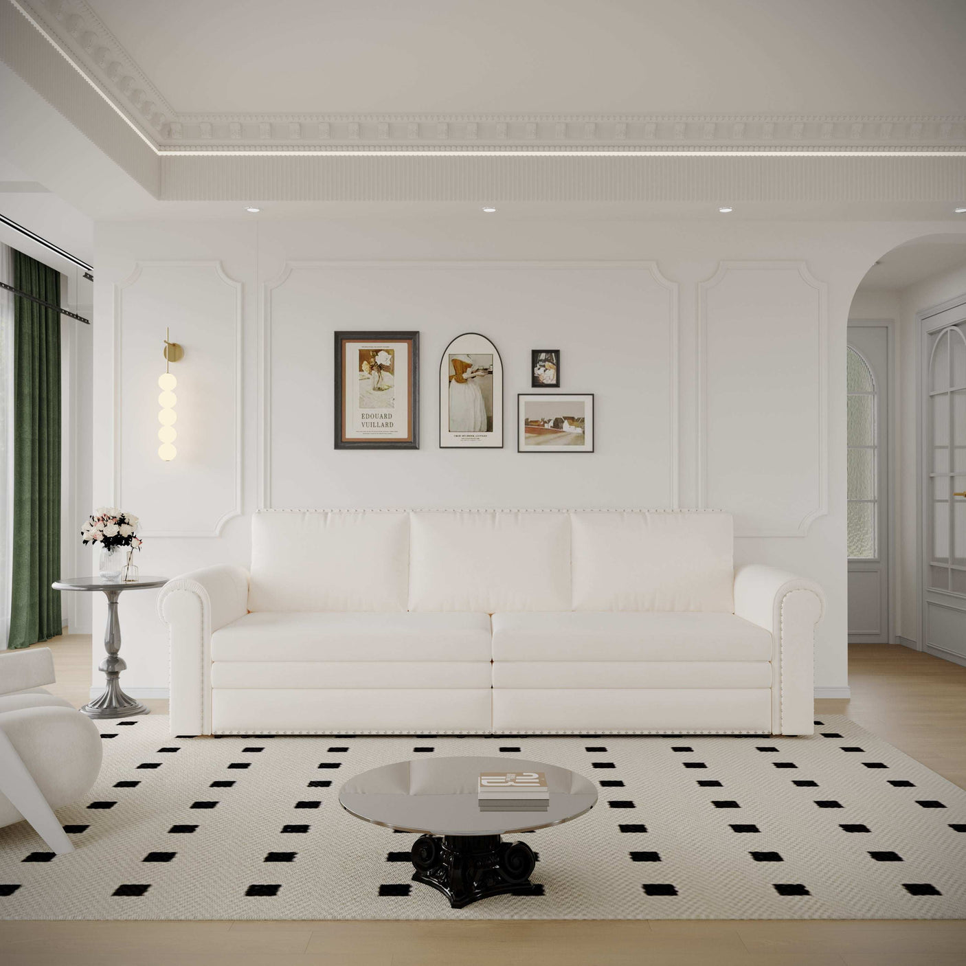 King Sleeper Sofa Bed 94", 3-in-1 Convertible in Velvet with Nailhead Trim