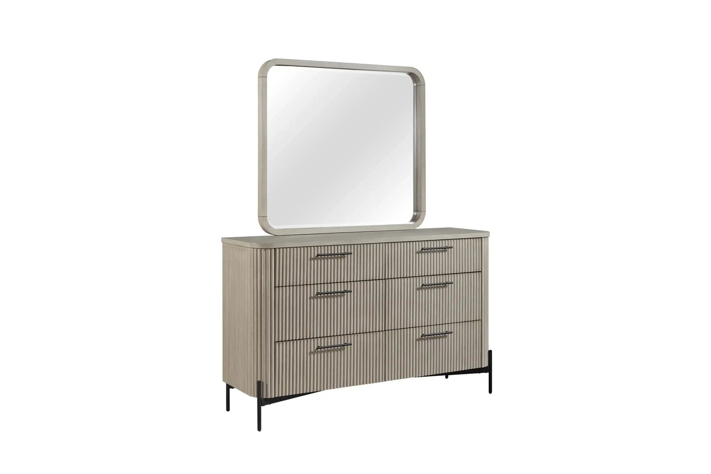 Modern light wood dresser with six drawers and a large rectangular mirror