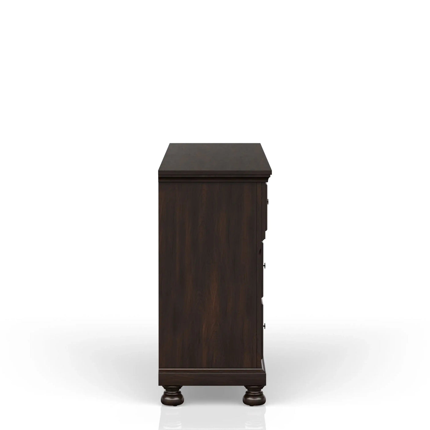 Side view of a dark wood dresser with turned legs on a white background