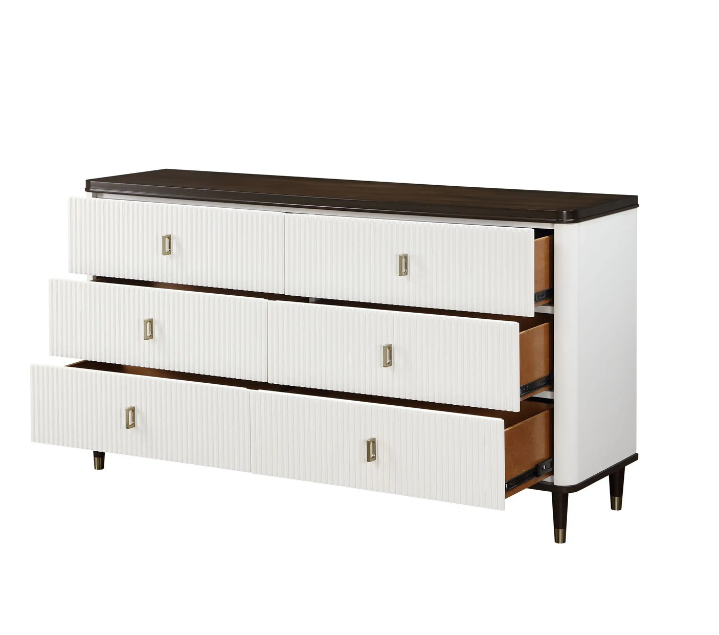 Modern white dresser with three open drawers, dark top, and gold handles