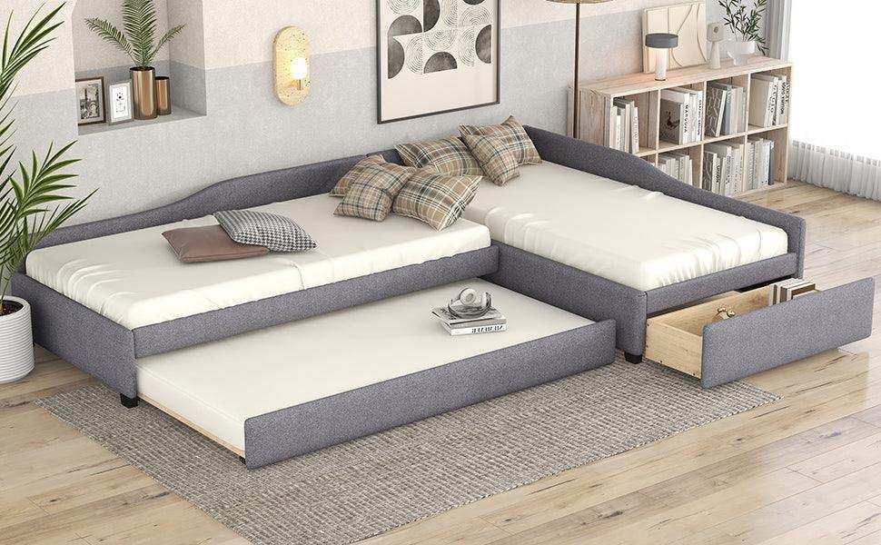Double Twin Daybed with Trundle & Drawer, Upholstered Gray