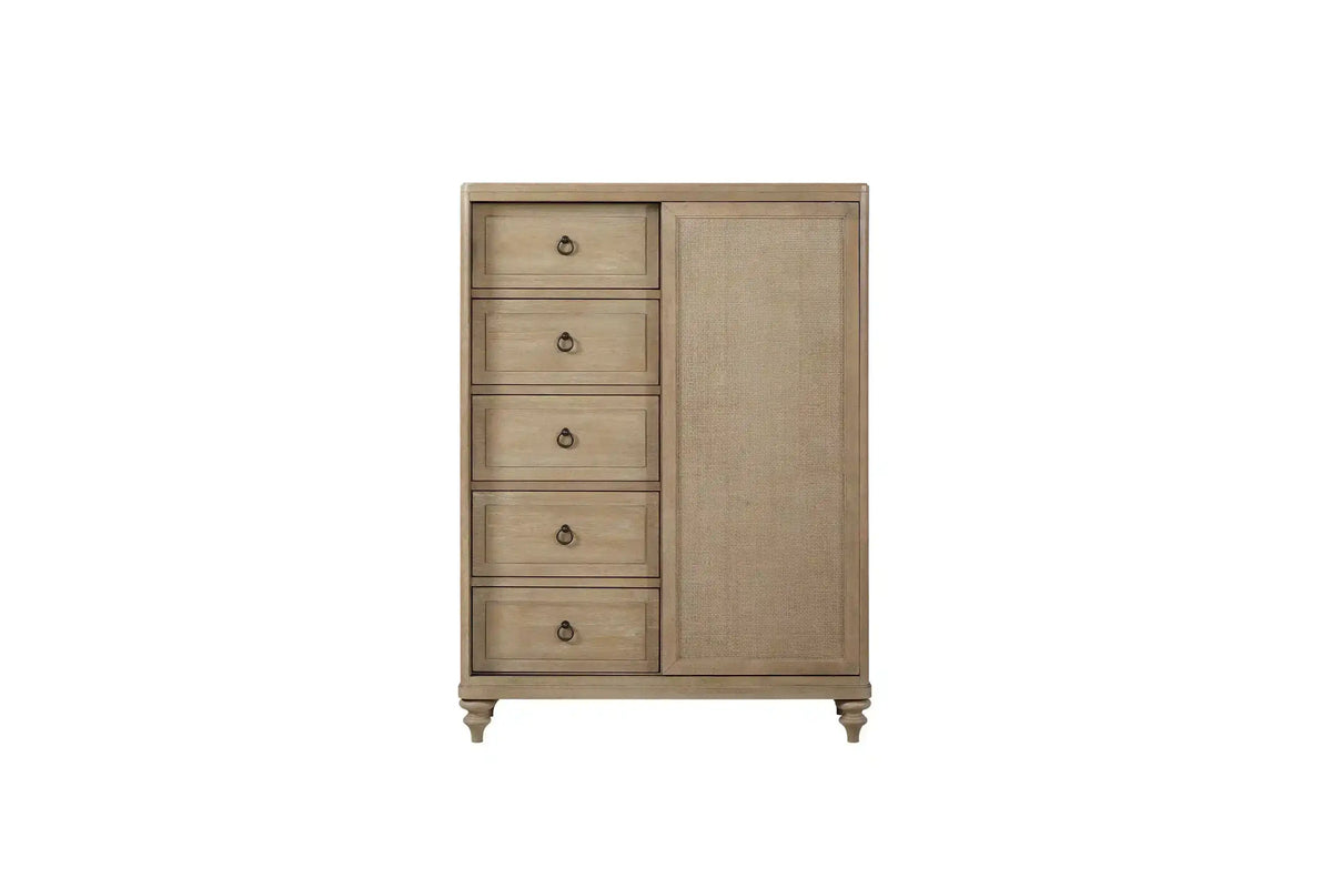 Light wood dresser with five drawers and one door, rustic bedroom furniture