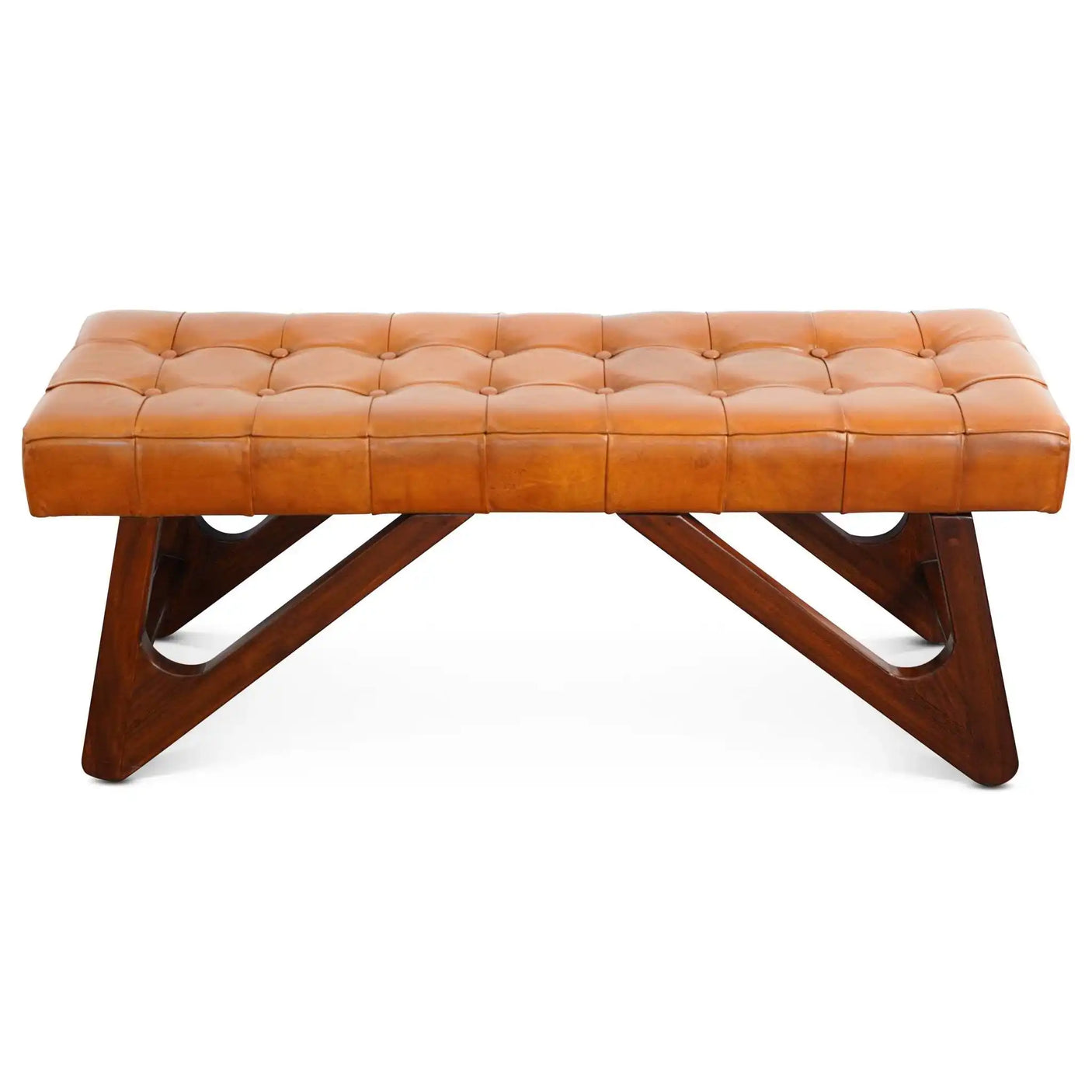 Mia Tan Leather Bench, Tufted with Buttons, Solid Wood Frame