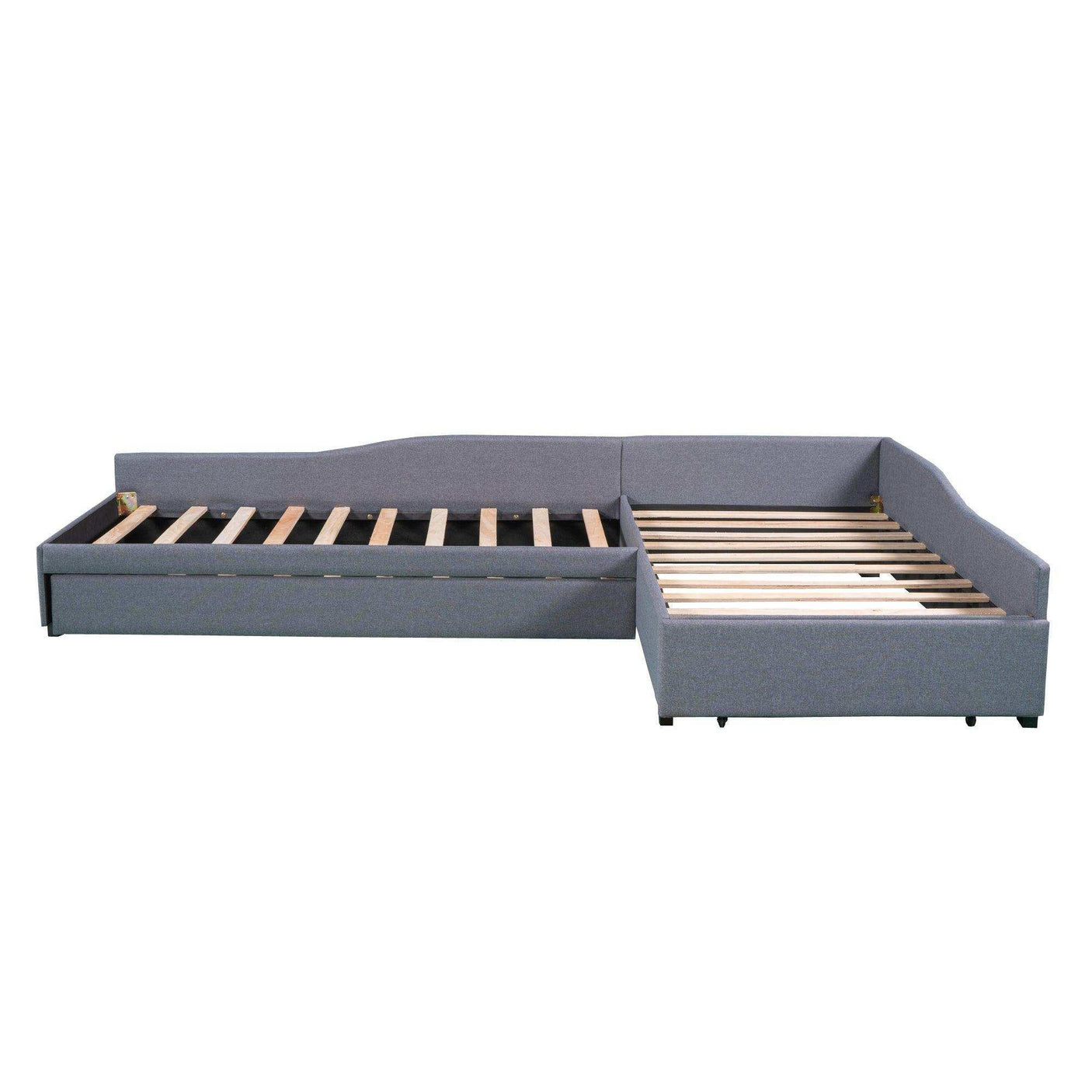 Double Twin Daybed with Trundle & Drawer, Upholstered Gray
