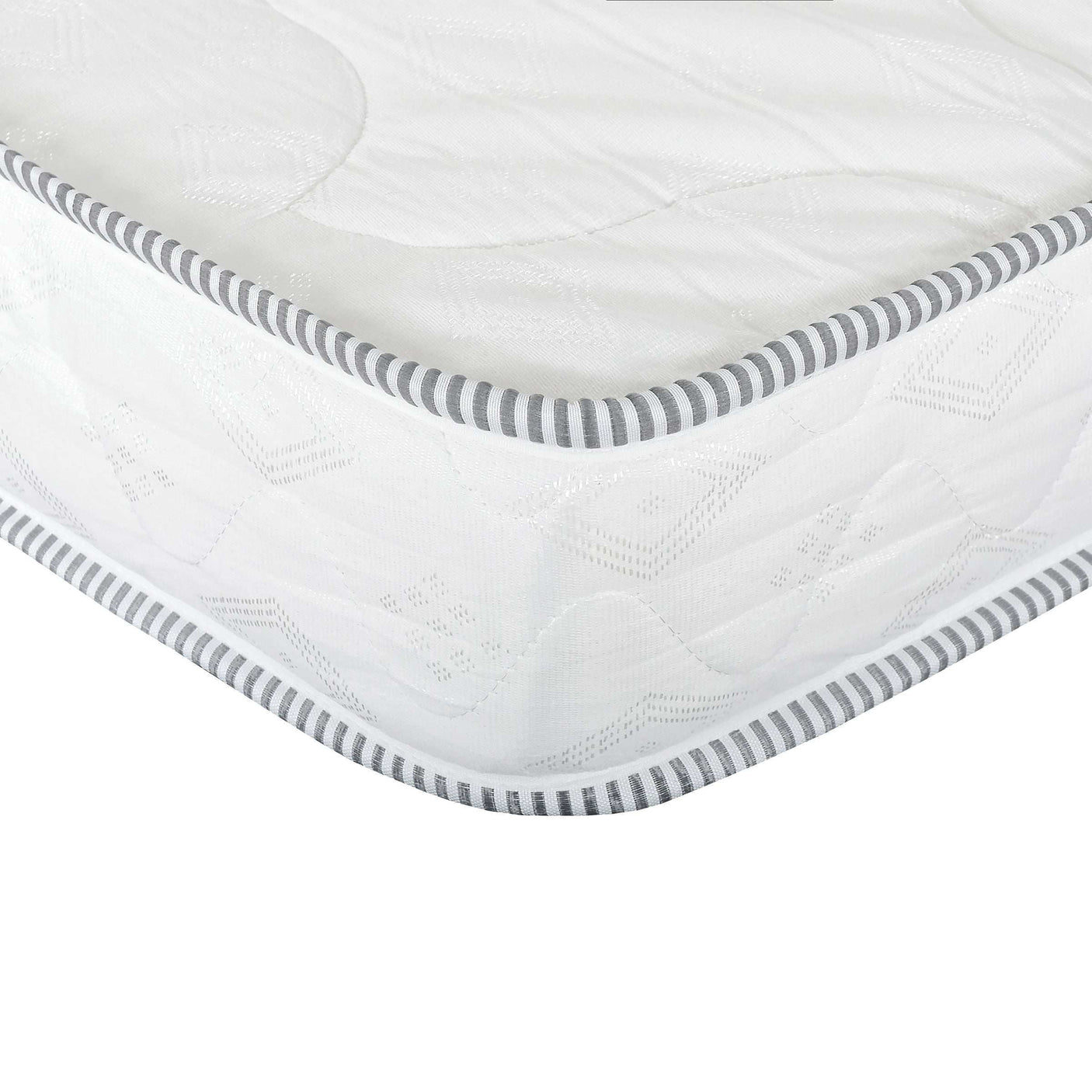 Close-up of a white mattress corner with quilted pattern and gray striped trim