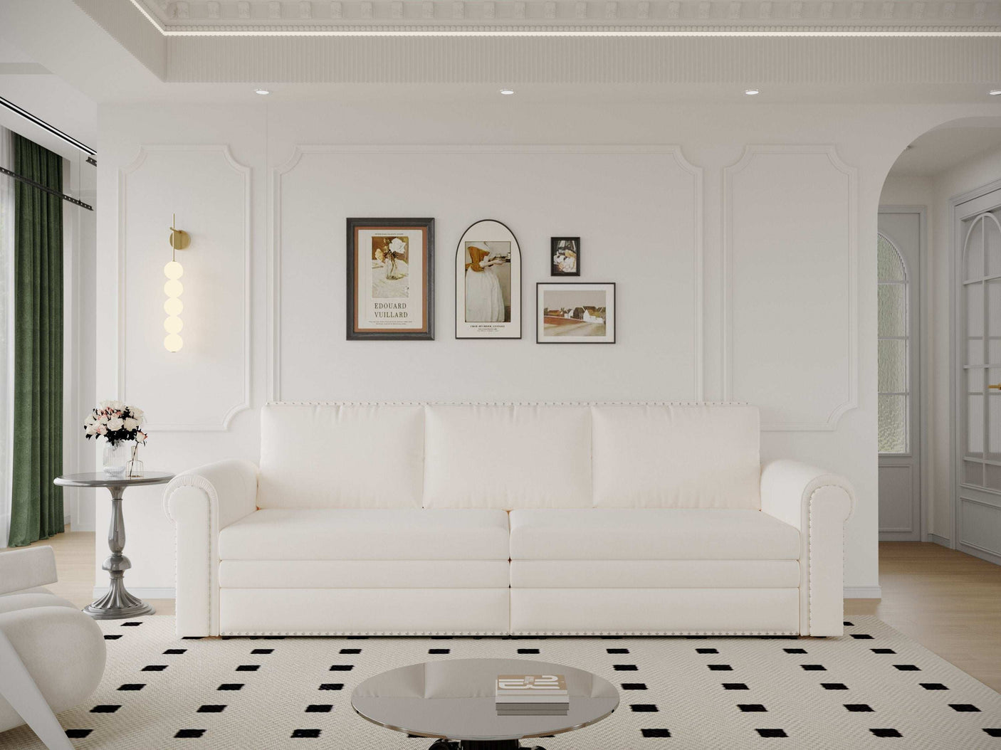 King Sleeper Sofa Bed 94", 3-in-1 Convertible in Velvet with Nailhead Trim