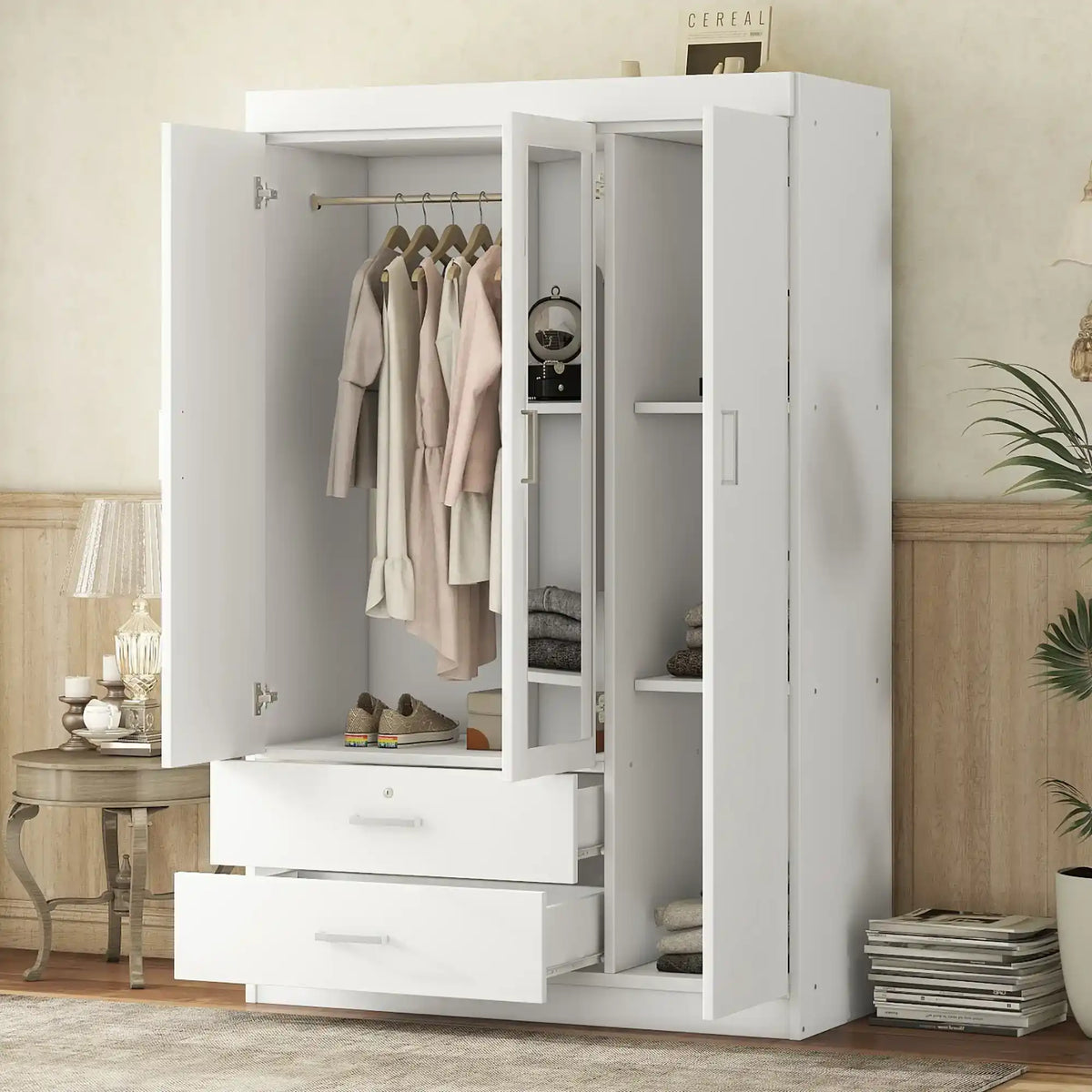 Wardrobe Storage, 3-Doors, Mirror, Shelves and 2 Drawers, White