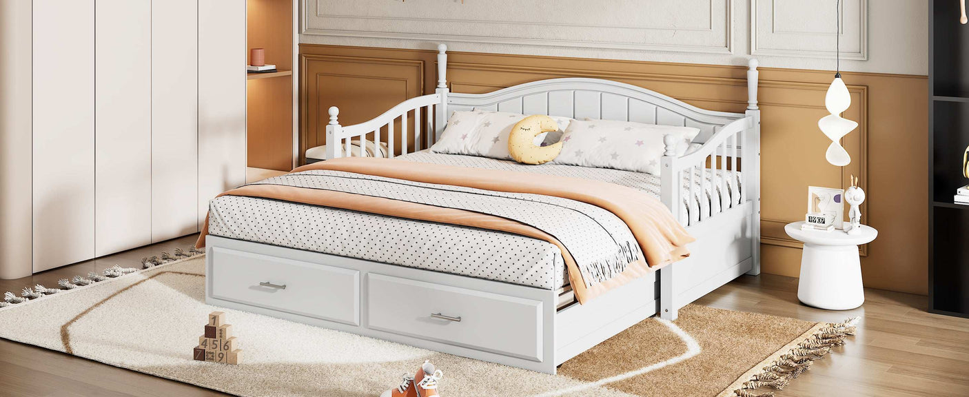 Twin Daybed, Extends to King Size, Trundle with Two Drawers, White