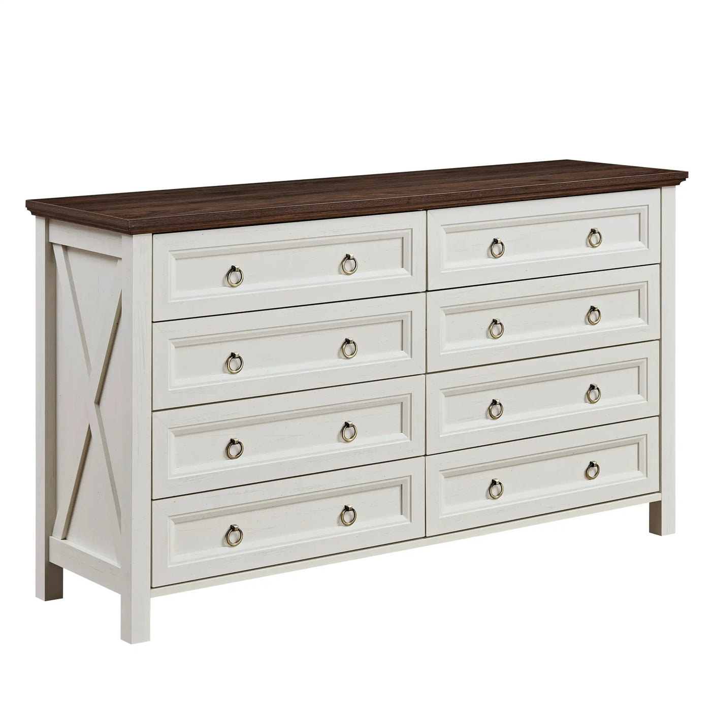 Farmhouse Dresser - 8 Drawers Rustic Storage Organizer, Walnut & White