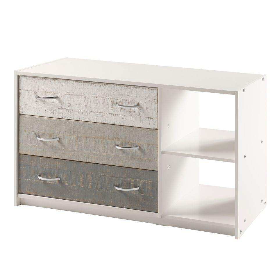 Gray and white 3-drawer chest with open side shelves, modern bedroom storage furniture