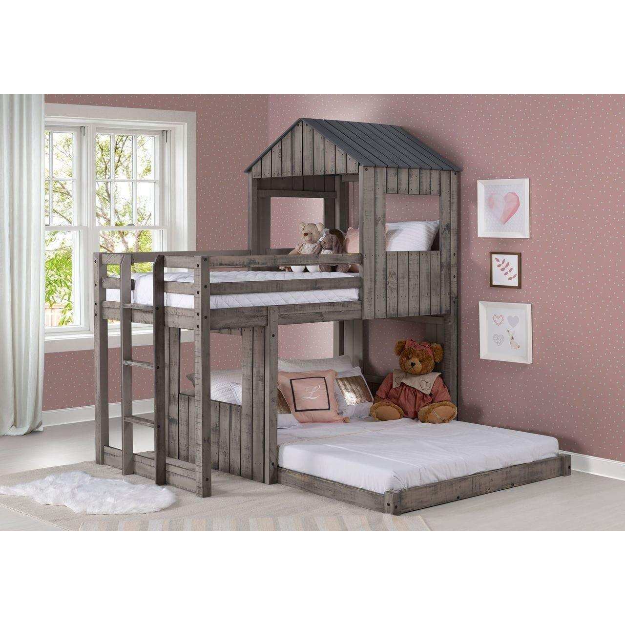 Rustic gray twin over full loft bed with house frame design in a pink kids' bedroom