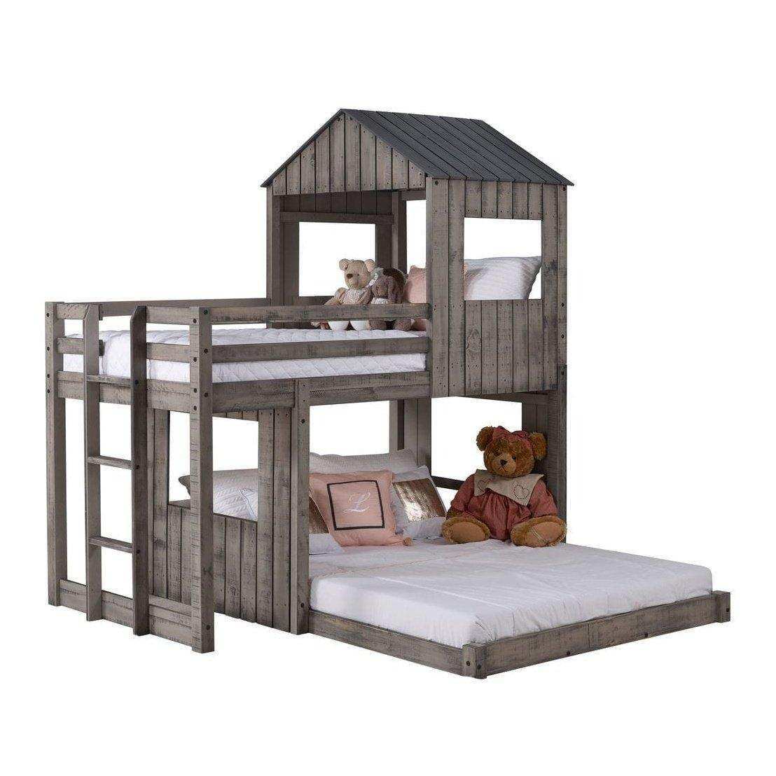 Rustic gray twin over full loft bed with house frame design and teddy bears on bedding