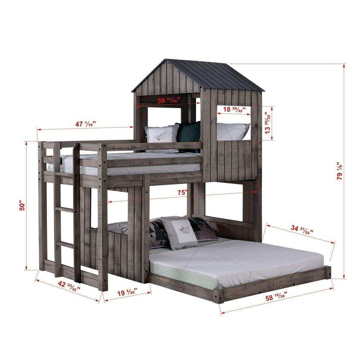 Donco Campsite twin over full loft bed in rustic dirty gray wood with measurements shown.