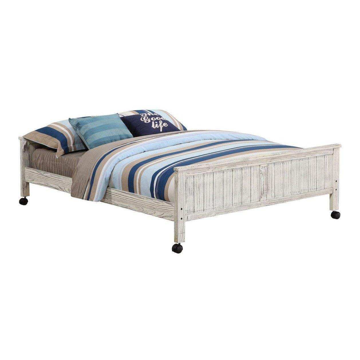 Donco Club House full bed with casters in driftwood finish, striped bedding