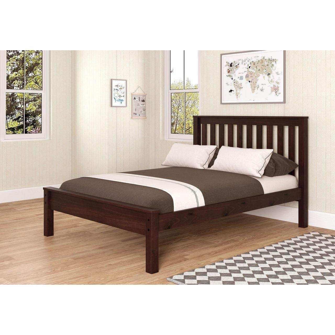 Dark wood full bed with slatted headboard in bright bedroom, contemporary decor