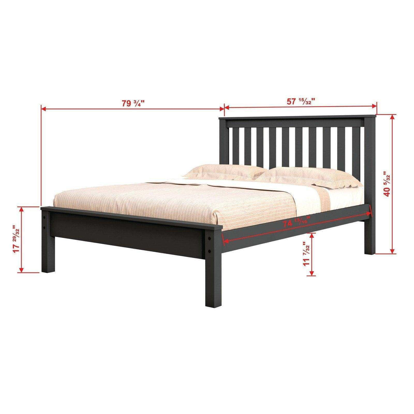 Black full bed frame with slatted headboard and trundle, dimensions marked in inches