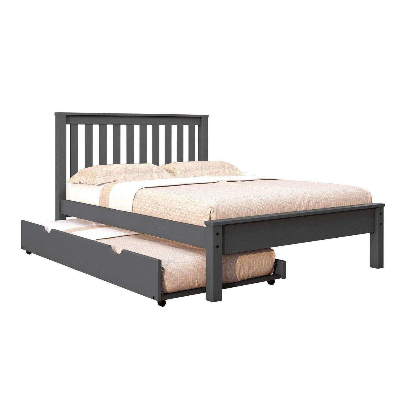 Gray full-size wooden bed with slatted headboard and pull-out trundle, white background