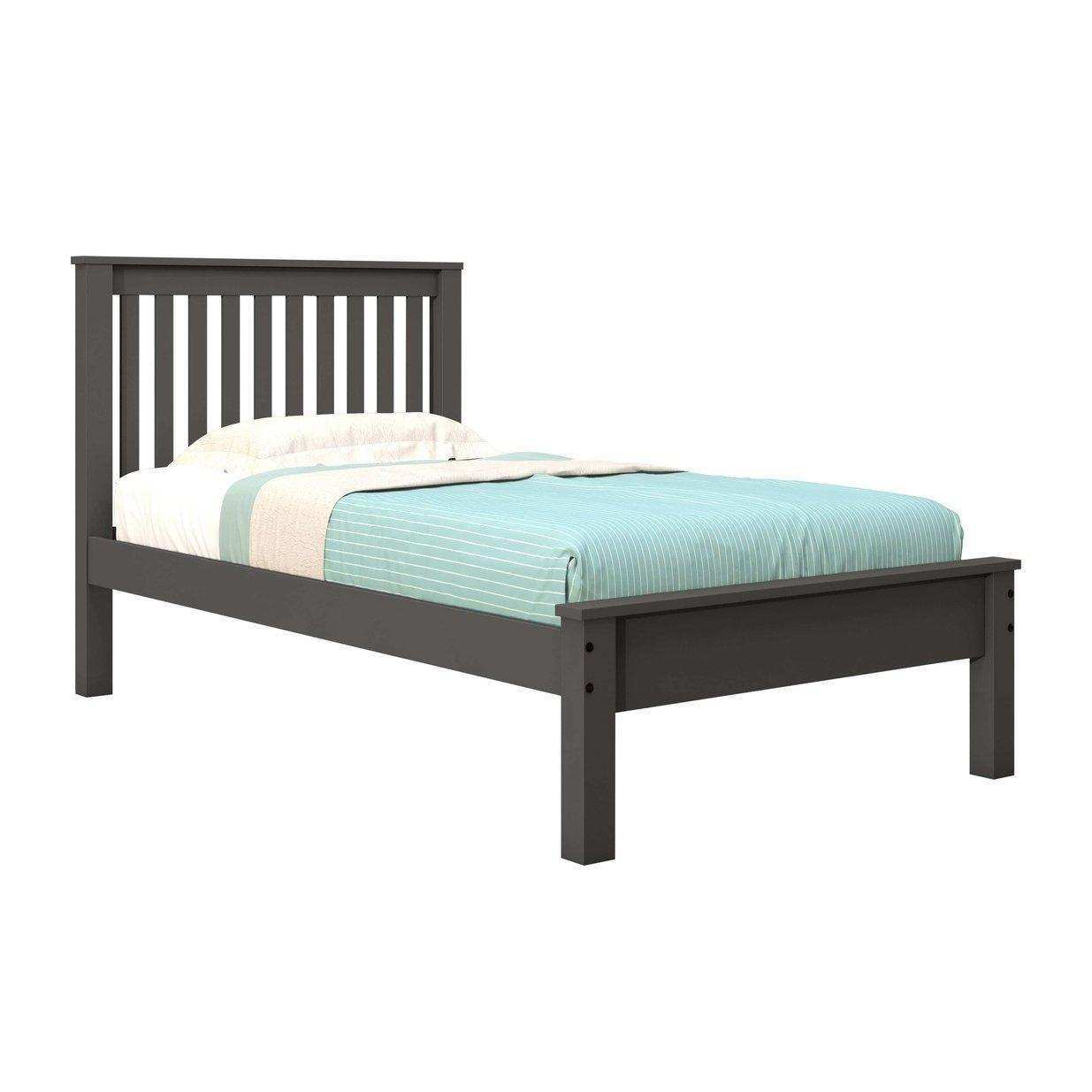 Donco Contempo twin bed in dark gray with slatted headboard and light bedding