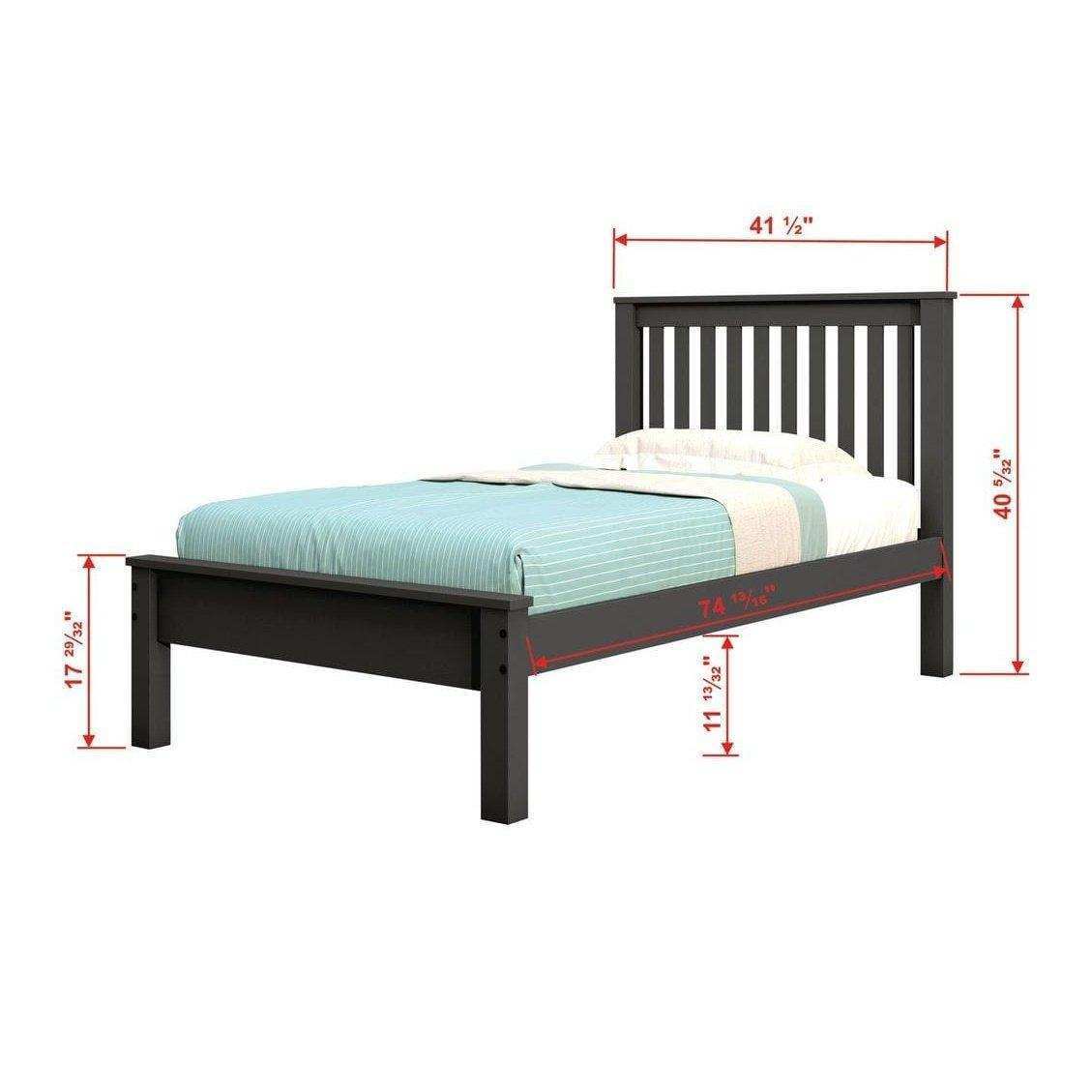 Donco Contempo twin bed in dark gray with measurements, slatted headboard, modern design