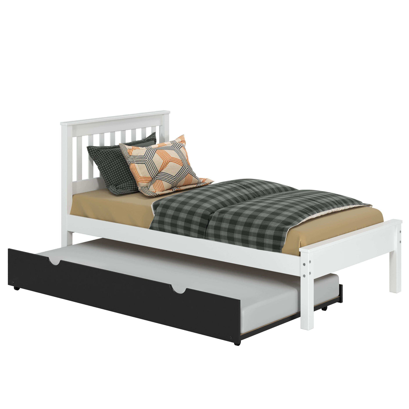 White twin bed with black trundle, geometric and plaid bedding, Bedroom Depot USA