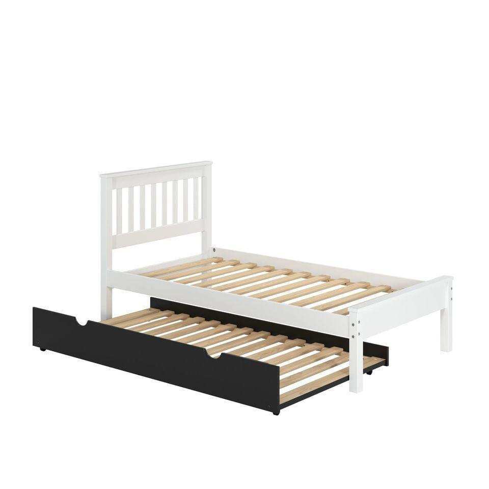 White twin bed with slatted headboard and black twin trundle bed, wood slats visible
