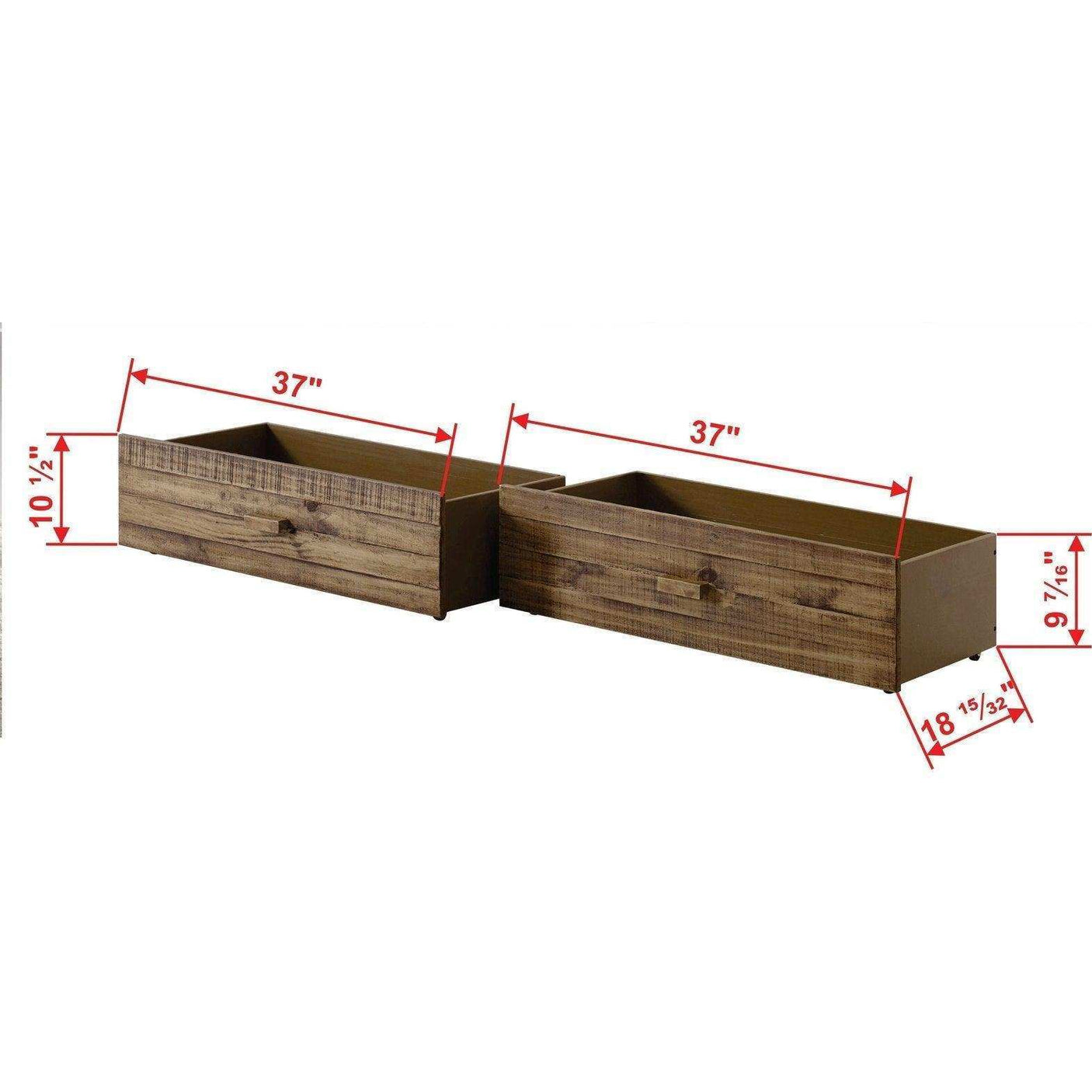 Two rustic driftwood under-bed storage drawers with measurements in inches displayed