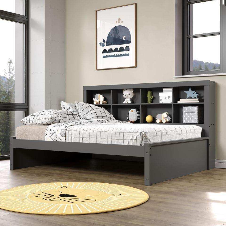 Dark gray full daybed with bookcase headboard in kids bedroom, modern decor, large windows