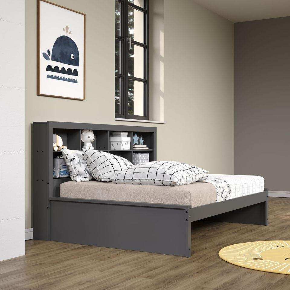 Dark gray full daybed with bookcase headboard in modern bedroom, grid bedding, wood floor
