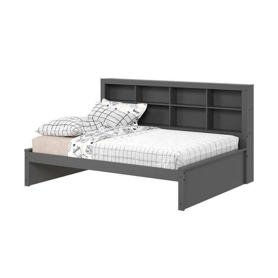 Dark gray full daybed with bookcase headboard and grid bedding