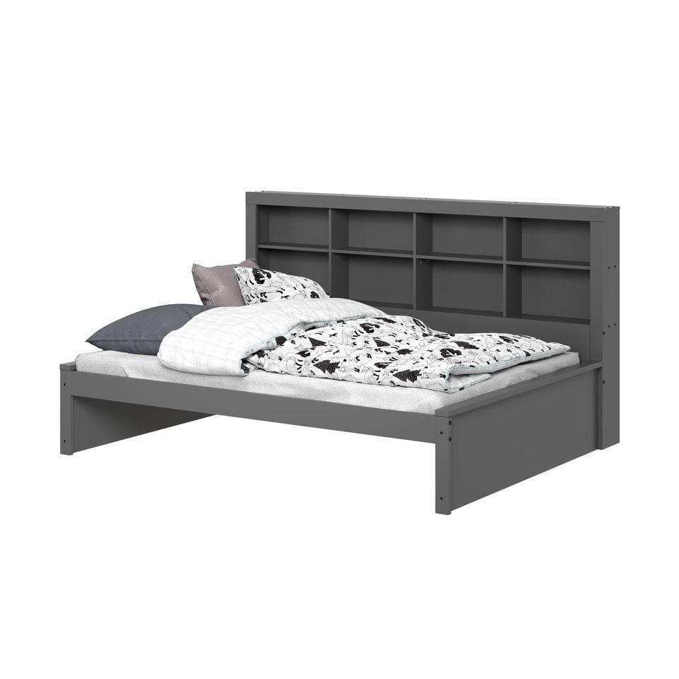 Dark gray full size daybed with bookcase headboard and bedding set