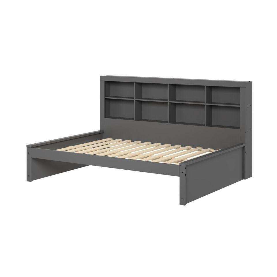 Dark gray full size daybed with bookcase headboard and wood slats, modern bedroom furniture