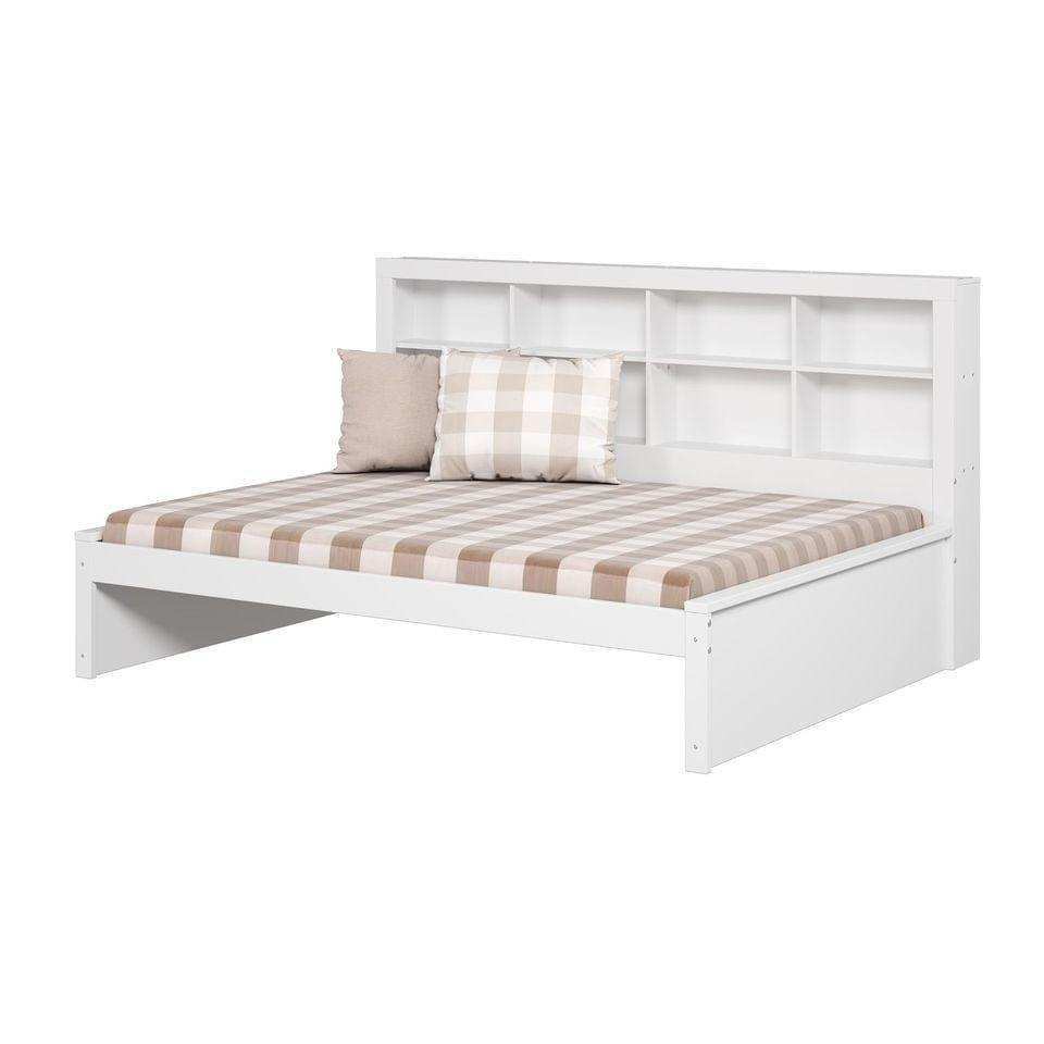White full daybed with bookcase headboard and plaid bedding, Bedroom Depot USA