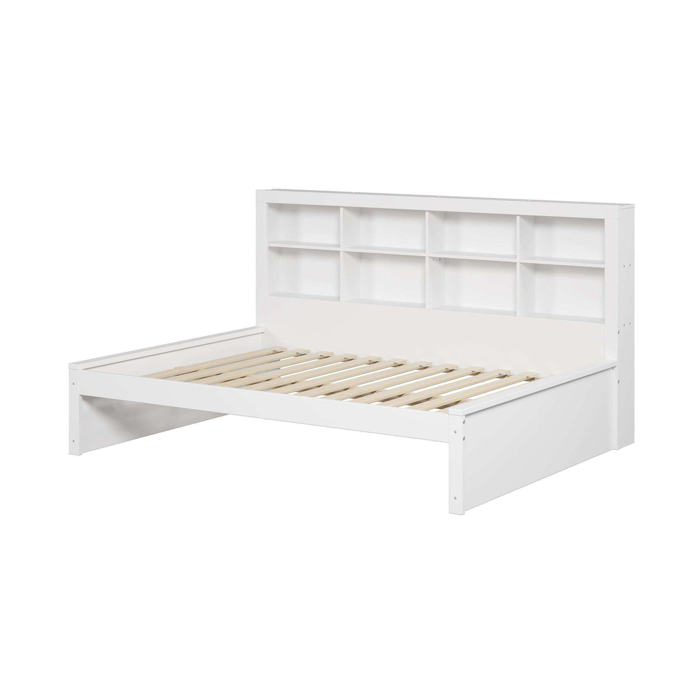 White full daybed with built-in bookcase headboard, modern wooden frame