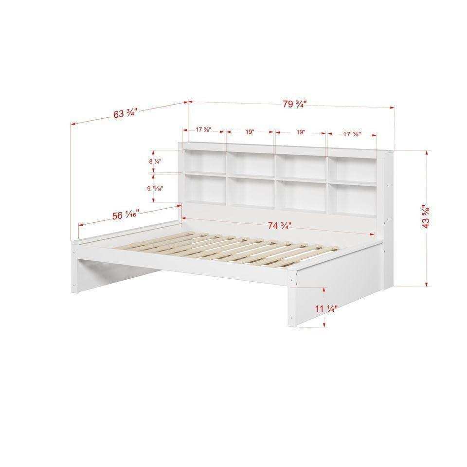 White full daybed with built-in bookcase headboard and detailed measurements