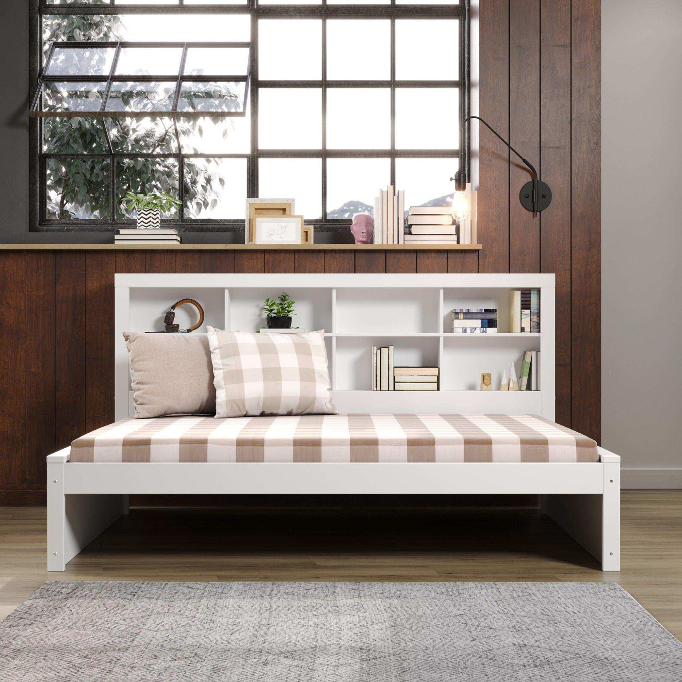White full daybed with bookcase headboard, plaid bedding, in a modern bedroom