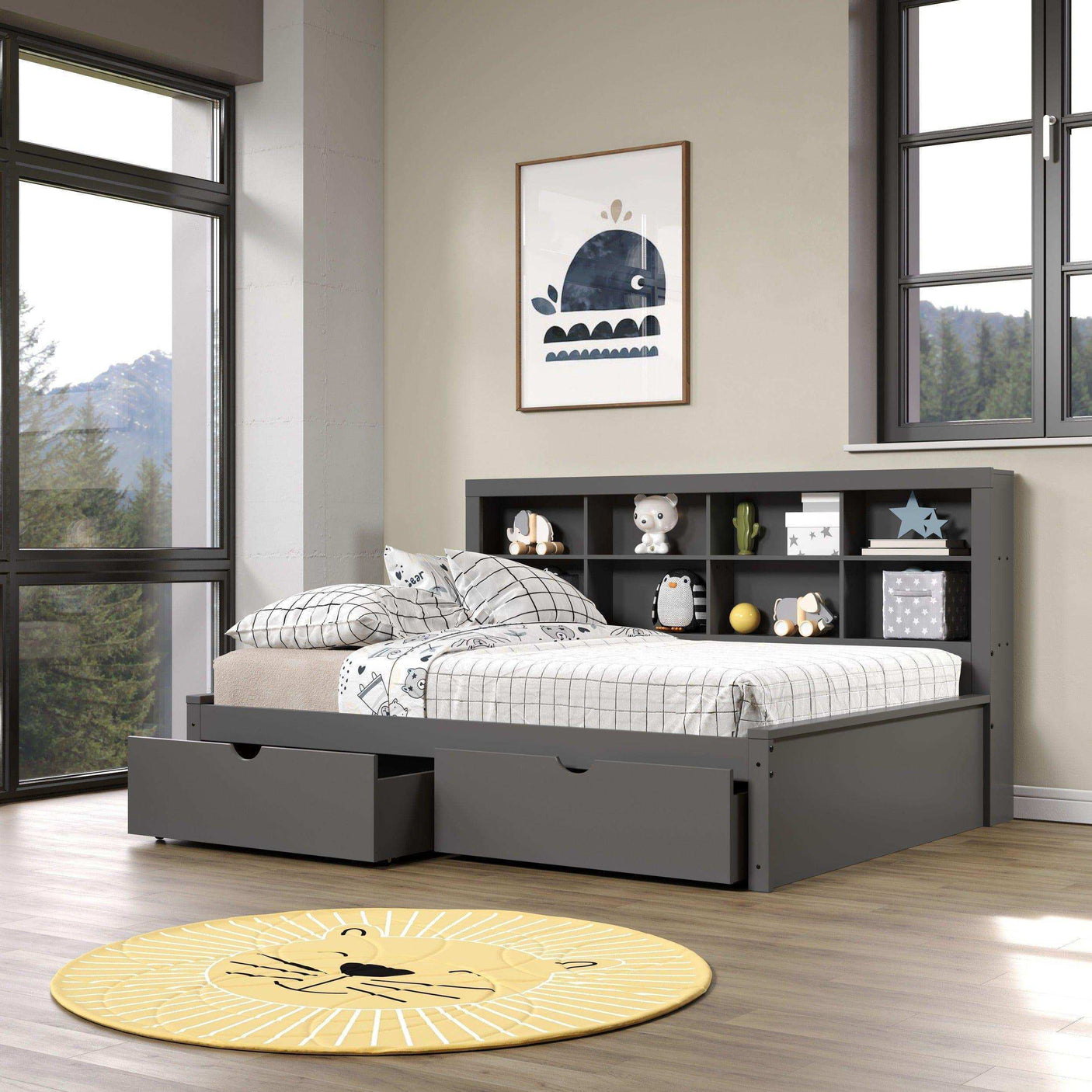 Donco full daybed bookcase with dual drawers in dark gray in a modern bedroom