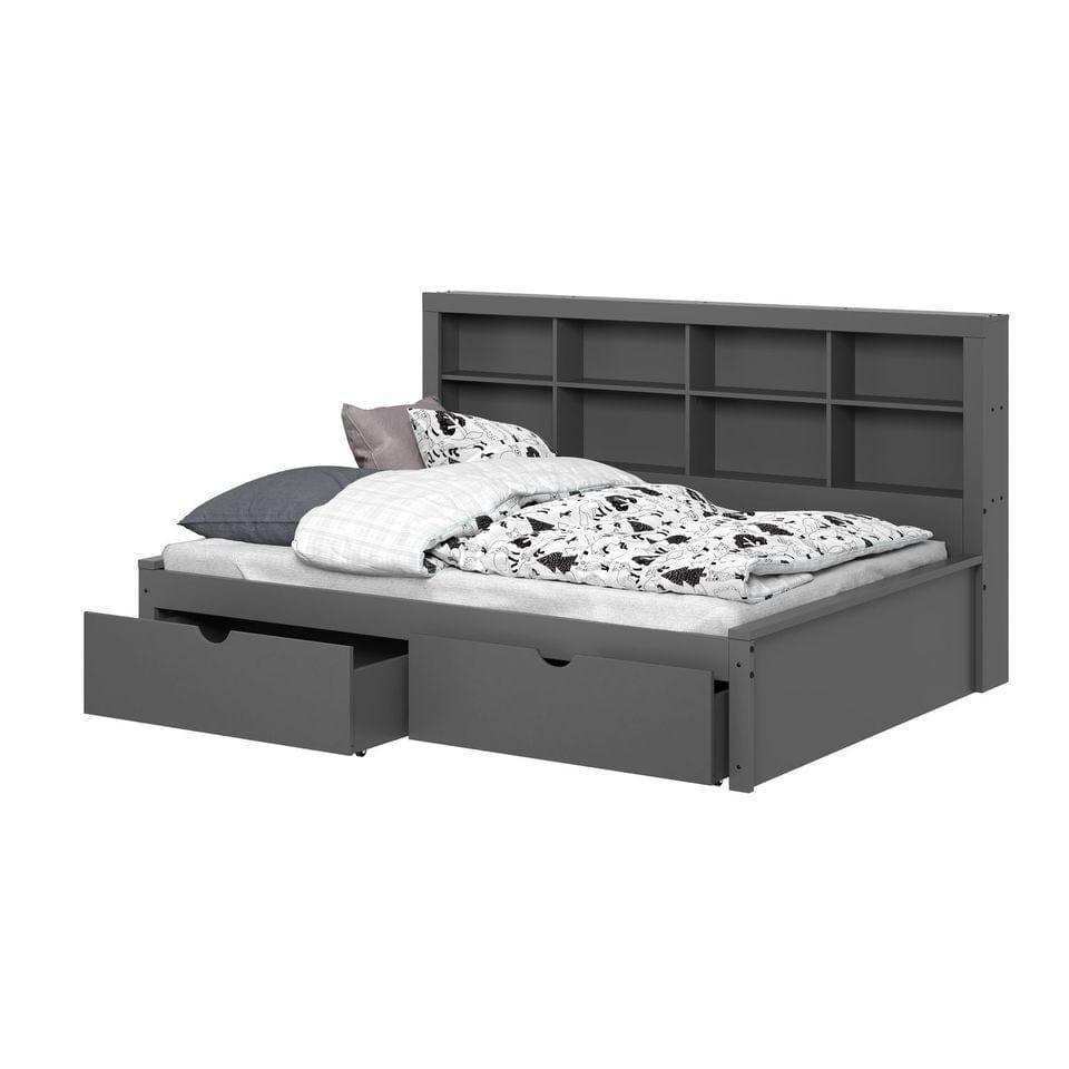 Dark gray full daybed with bookcase headboard and dual storage drawers, bedding shown