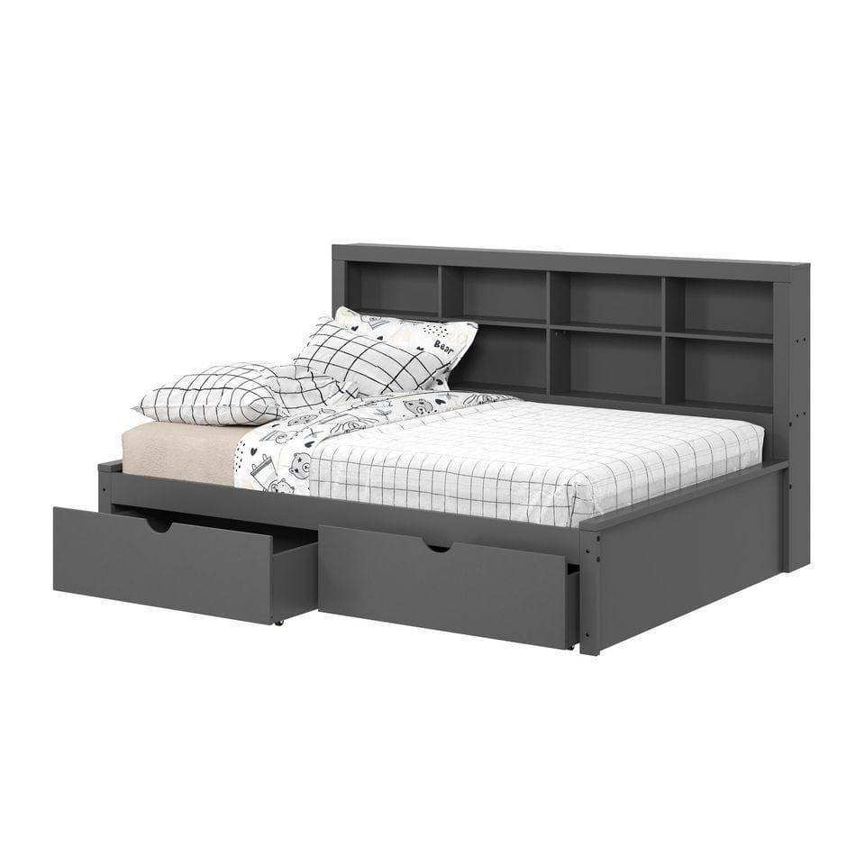 Full daybed with bookcase headboard, dual storage drawers, dark gray finish